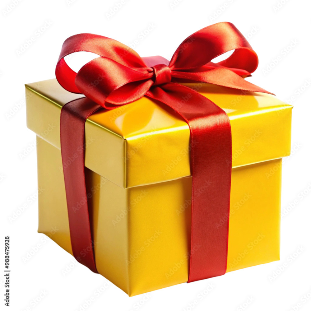 Elegant Christmas gift box with white wrapping and a satin red ribbon on transparent background	
