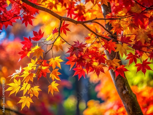 Autumn's treasures display themselves in a kaleidoscope of red, orange, and yellow hues, as leaves dance on branches