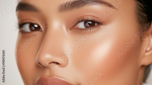 Close-Up of Dewy Skin with Foundation Application in a Minimalist Setting Capturing Soft Textures and Natural Glow