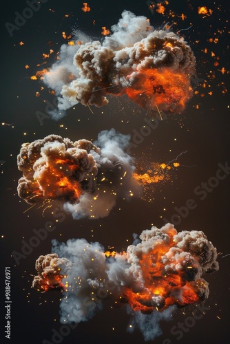 Explosive devices flying through the air, creating a dramatic scene with fire and smoke