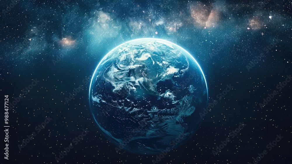 A crystal-clear Earth floating in space, with the colorful auroras of a distant planet in the background, highlighting interstellar exploration and unity. A crystal-clear Earth floating in space, with the colorful auroras of a distant planet in the background, highlighting interstellar exploration and unity.