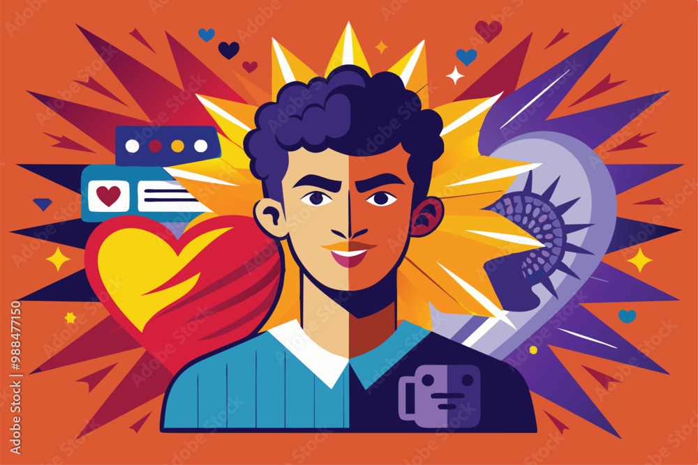 A young person is depicted, expressing enthusiasm and creativity, set against vibrant icons representing love, technology, and connection. A young person is depicted, expressing enthusiasm and creativity, set against vibrant icons representing love, technology, and connection.