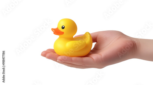 a hand holding a rubber duck on a transparent background