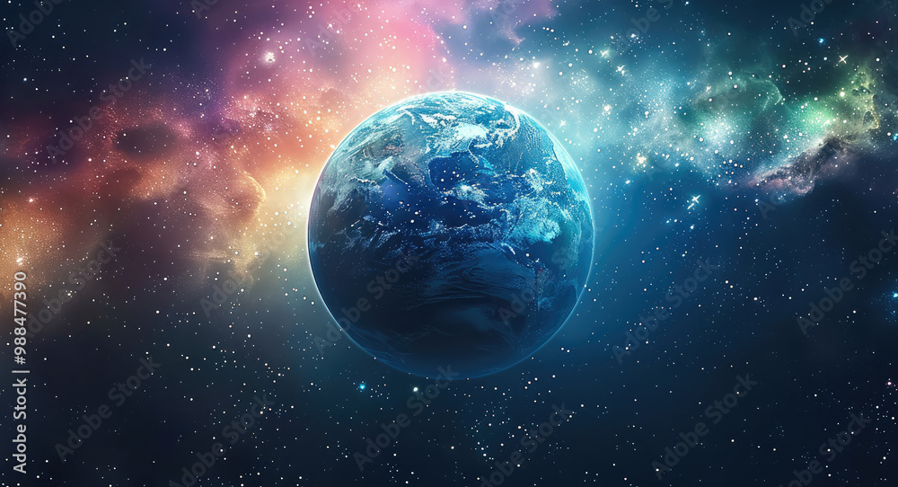 A crystal-clear Earth floating in space, with the colorful auroras of a distant planet in the background, highlighting interstellar exploration and unity. A crystal-clear Earth floating in space, with the colorful auroras of a distant planet in the background, highlighting interstellar exploration and unity.