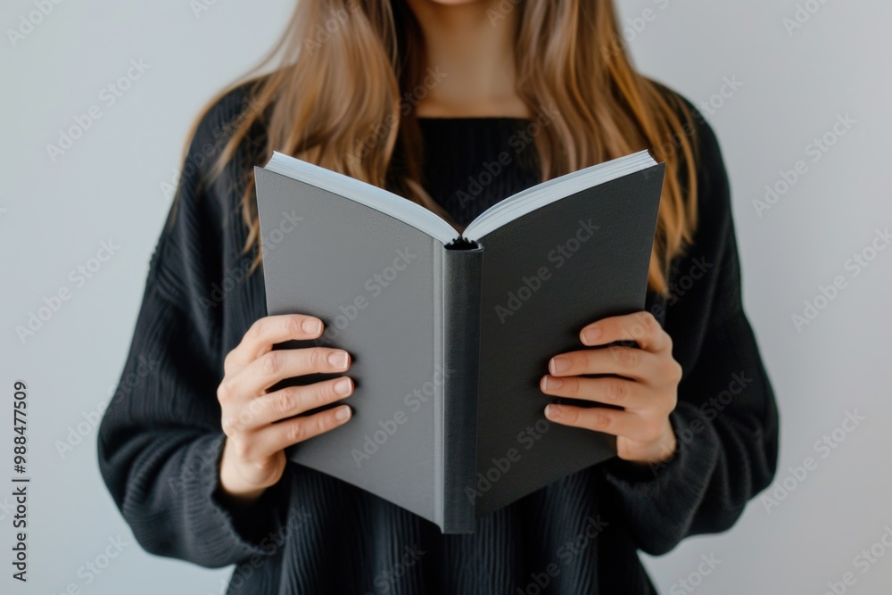 A woman holds a book in front of her face, potentially hiding or shielding herself from view