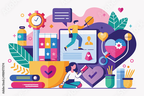 A person engages with books and digital tools, surrounded by vibrant elements of learning and growth in a cheerful, home setting.