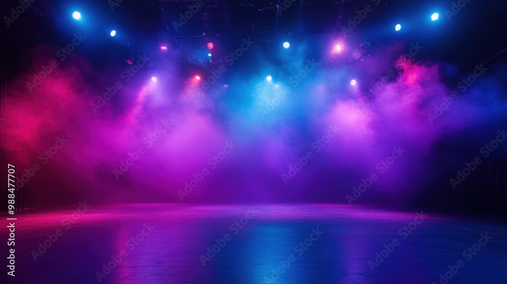 Fototapeta premium Colorful Stage with Vibrant Lighting and Smoke Effects in a Dark Theater Setting