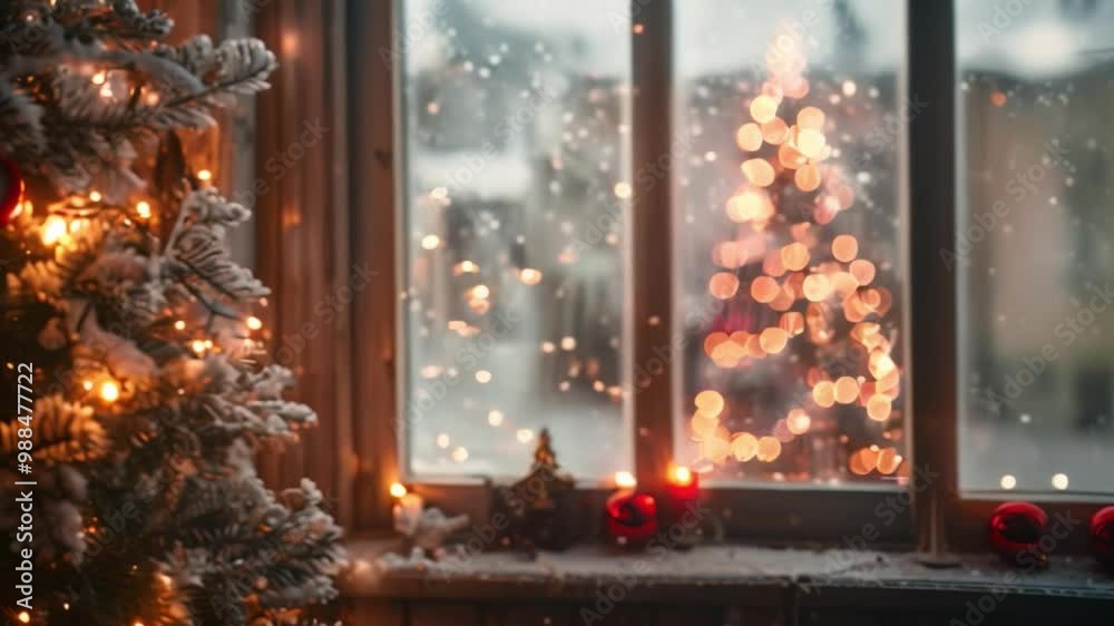 A winter window scene with frosted glass and a decorated tree visible through the window
