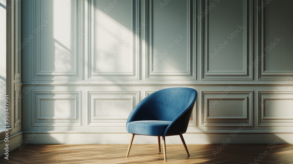 Blue Velvet Chair Against White Paneled Wall
