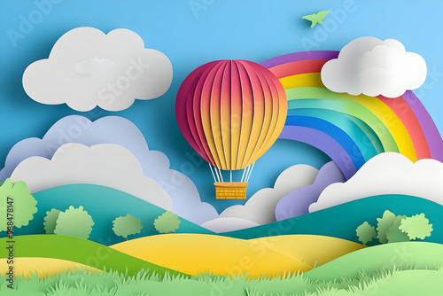 Papercraft Illustration of a Hot Air Balloon Floating Above a Rainbow and Hills