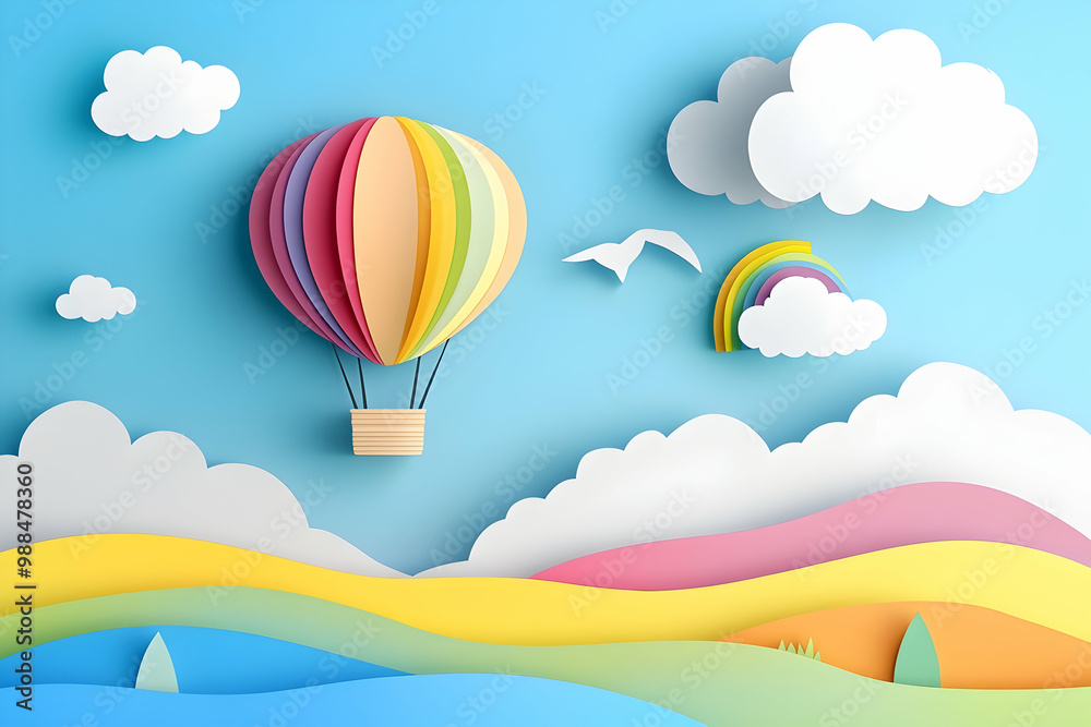 Paper Cutout Illustration of a Hot Air Balloon in a Rainbow Sky Paper Cutout Illustration of a Hot Air Balloon in a Rainbow Sky