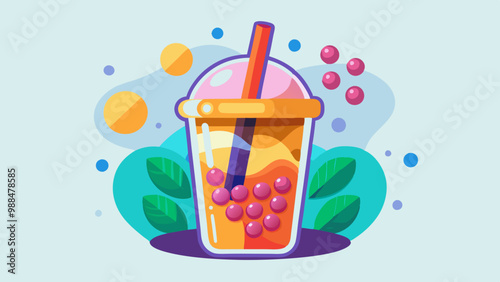 Bubble tea in a plastic cup with colorful tapioca pearls and a straw, surrounded by leaves and bubbles, on a blue background.