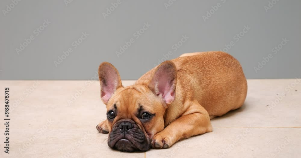 Adorable French Bulldog puppy lies on floor, gazing with big ears and sweet, innocent face. small companion exudes tranquility and coziness, creating delightful scene of calmness and relaxation. Adorable French Bulldog puppy lies on floor, gazing with big ears and sweet, innocent face. small companion exudes tranquility and coziness, creating delightful scene of calmness and relaxation.