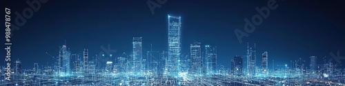 Blue digital cityscape with glowing lines and dots