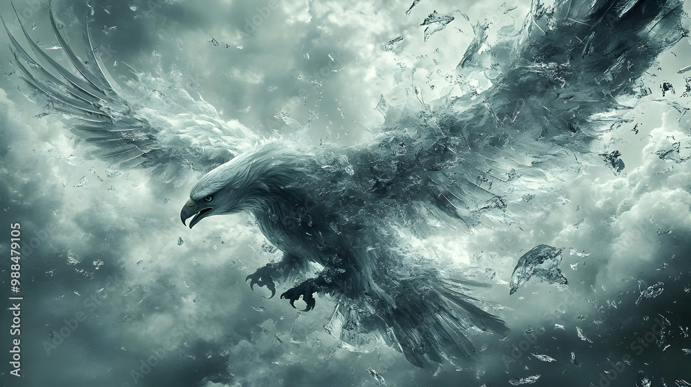 Obraz premium Majestic eagle soaring through a stormy sky, symbolizing freedom and strength.