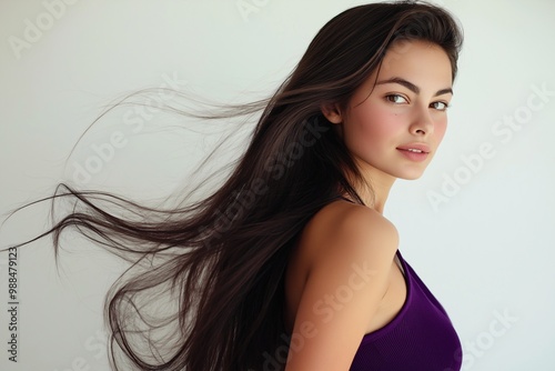 Beautiful woman with long hair posing for a photo, wearing a deep purple hot top, standing against a white background, in side view