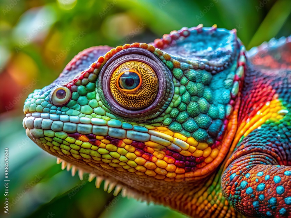 Fototapeta premium * Close-up shot of a panther chameleon showcasing its radiant colors and detailed markings in a kaleidoscope pattern.