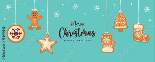 christmas card with hanging gingerbread cookies decoration vector illustration