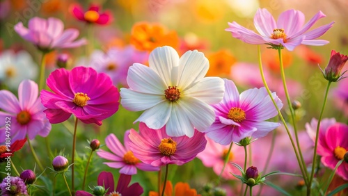 Cosmos blooms radiate color and energy, swirling together shades of pink, orange, and white against a soothing backdrop