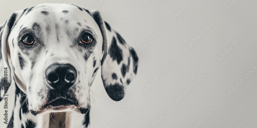 A close-up portrait photo of a Dalmatian dog looking at the camera, isolated against a colourful background. A close-up portrait photo of a Dalmatian dog looking at the camera, isolated against a colourful background.