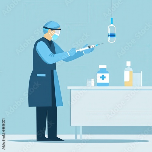 Modern Vector Illustration of Medical Professional Administering Vaccine with Glowing Blue Elements on White Background