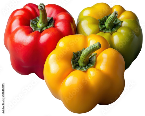 Three bell peppers, yellow, red, and green on transparent background. Fresh, bright vegetables with glossy skin.