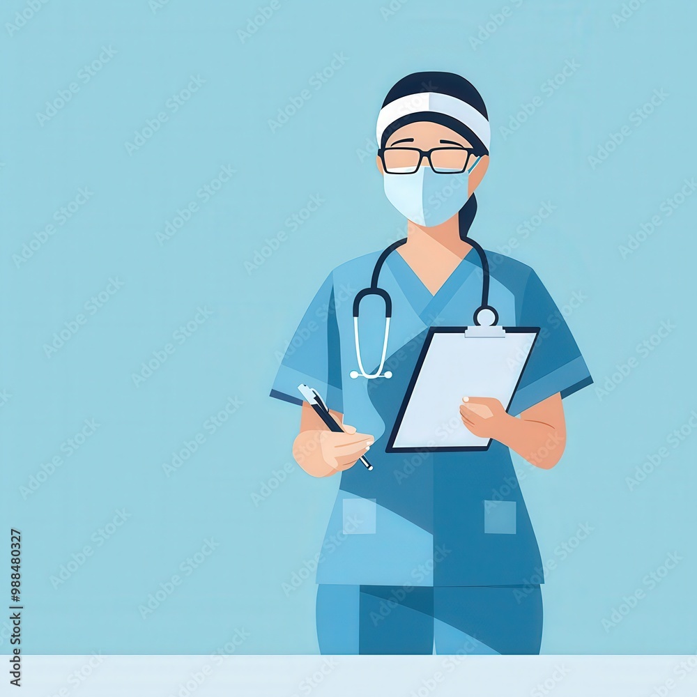 Modern Minimalist Vector Illustration of Medical Assistant with Clipboard in Scrubs and Stethoscope on White Background. Modern Minimalist Vector Illustration of Medical Assistant with Clipboard in Scrubs and Stethoscope on White Background.