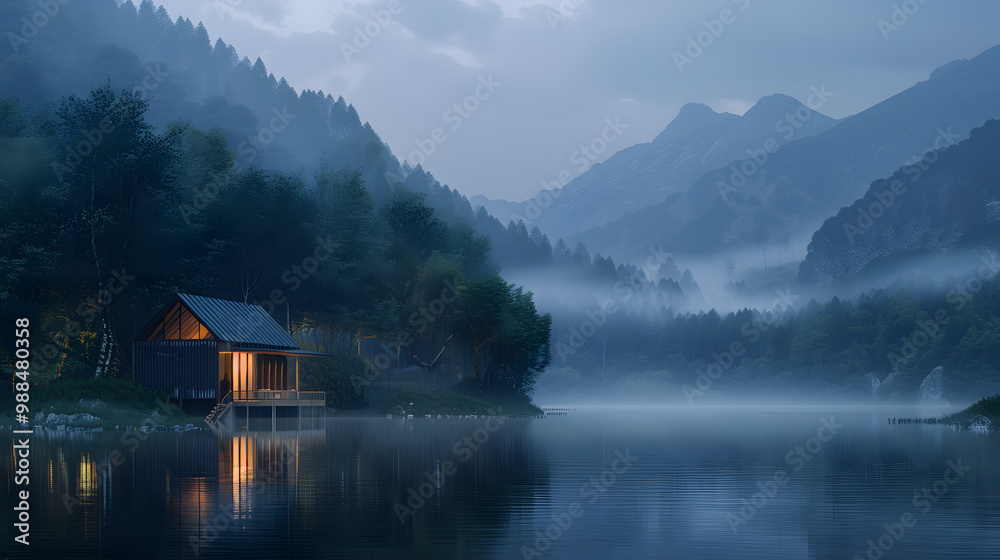 Fototapeta premium Imagine a serene cabin with misty mountain lake views at dusk, ideal for a tranquil nature retreat in the peaceful forest. The scenery is picturesque and perfect for relaxation