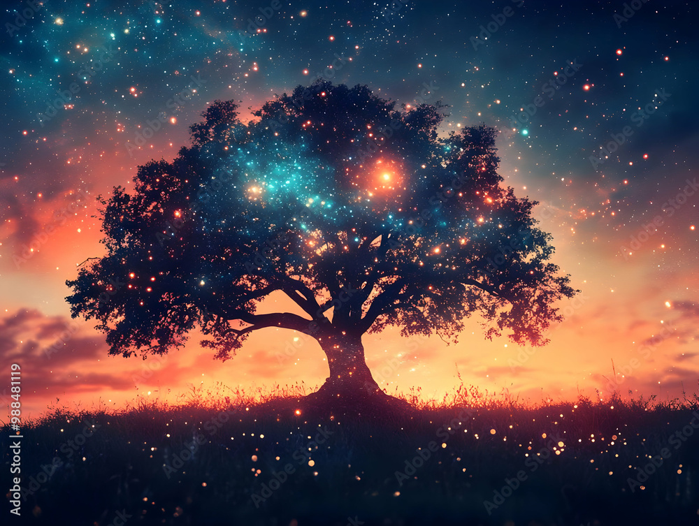 Majestic tree with cosmic colors and sparkling stars in a dreamy night sky backdrop, creating an enchanting ambiance. Majestic tree with cosmic colors and sparkling stars in a dreamy night sky backdrop, creating an enchanting ambiance.