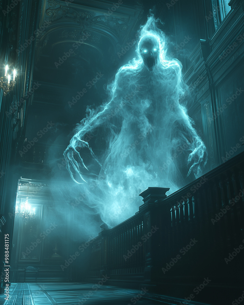 Fototapeta premium ghostly figure ascends a grand staircase, ethereal light illuminating its spectral form