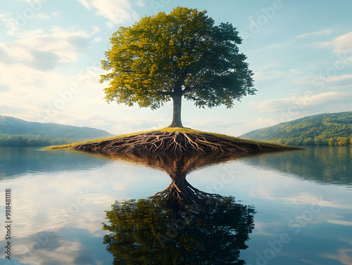 A majestic tree with roots visible, reflecting in a serene lake surrounded by lush hills under a clear sky. photo