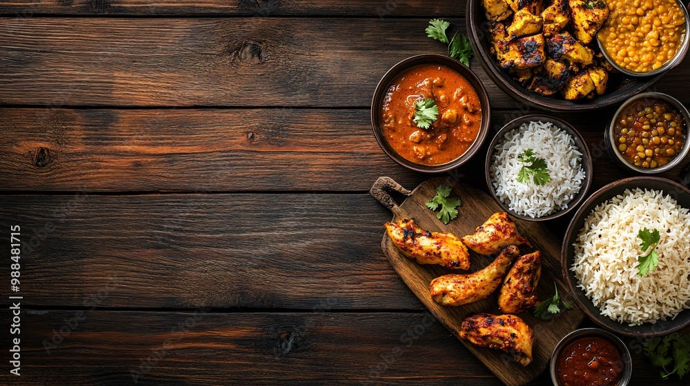 Indian food platter with grilled chicken, curry, rice, and lentils on wooden background. Indian food platter with grilled chicken, curry, rice, and lentils on wooden background.