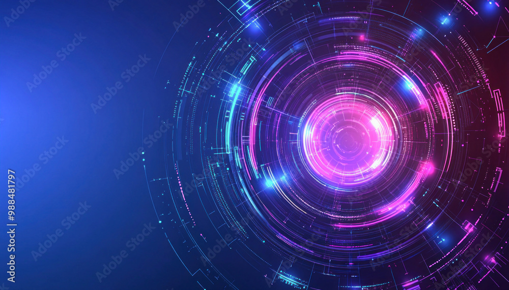 Abstract technology background with glowing purple circles forming a tunnel