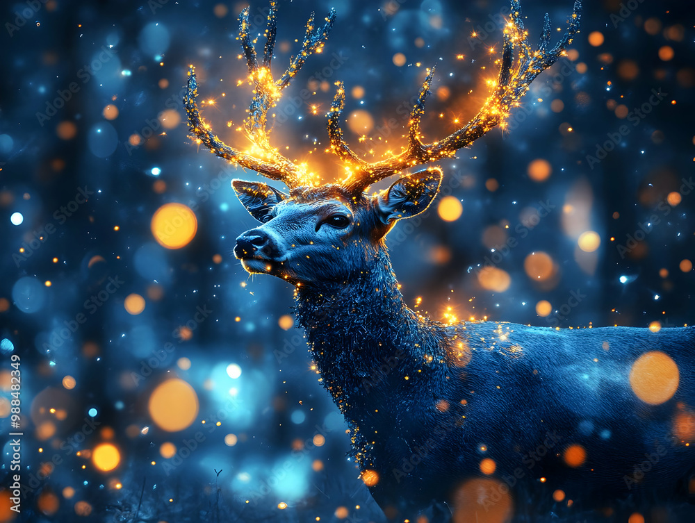 A majestic deer with glowing antlers amidst a sparkling, mystical background. A majestic deer with glowing antlers amidst a sparkling, mystical background.