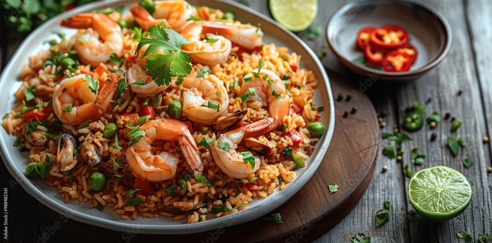 A seafood fried rice dish with fresh shrimps, squid, and mussels, served with chili and lime, beautifully arranged on a white plate, with a wooden table as the background.