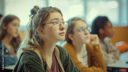 Students seated at desks in a traditional classroom setting