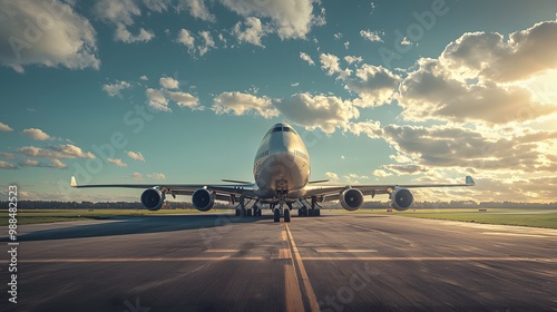 The airplane is taxiing on a runway, bathed in the warm glow of sunlight that casts dramatic shadows.