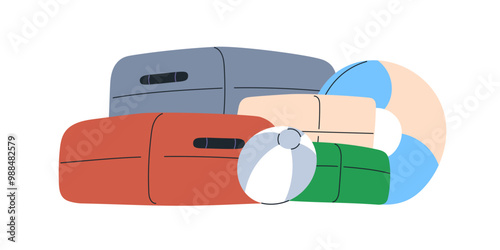 Baggage, luggage pile for summer holiday travel. Bags, beach supplies, swim r...