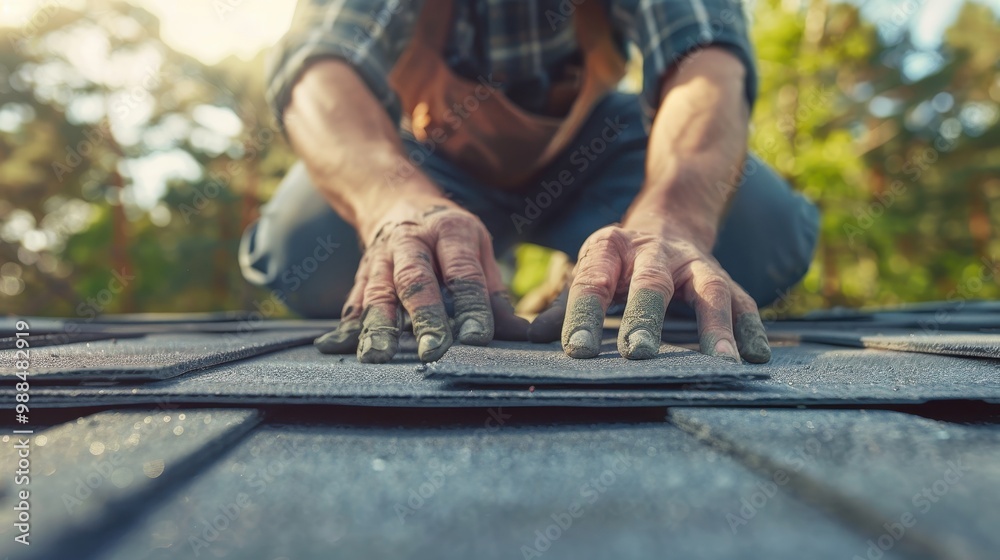 Worker installing roof tiles, outdoor setting Worker installing roof tiles, outdoor setting