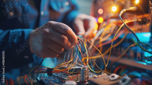 Hands connecting wires in electrical project.