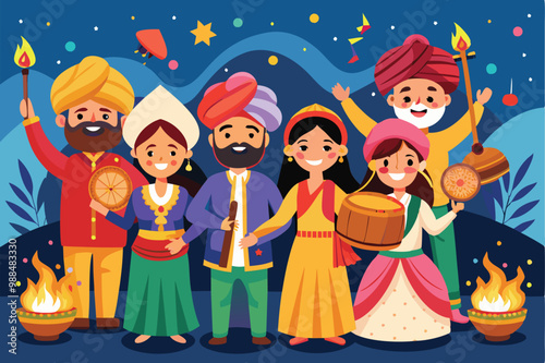 People gather around a bonfire, wearing vibrant traditional outfits, singing, dancing, and enjoying the festive atmosphere of the Lohri celebration.