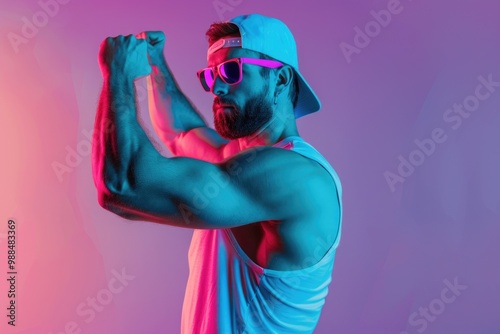 A person posing with a hat and sunglasses, showing off their confidence #988483369