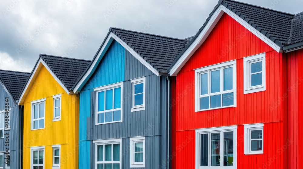 Colorful Modern Houses with Vibrant Facades and Gable Roofs Under Cloudy Sky Colorful Modern Houses with Vibrant Facades and Gable Roofs Under Cloudy Sky