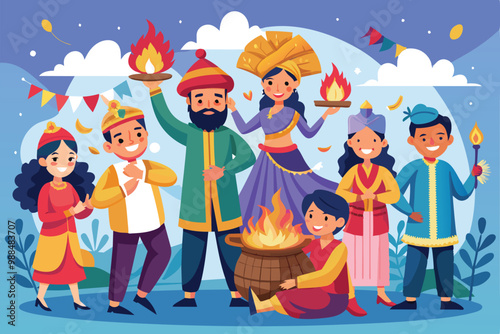 Groups of cheerful individuals celebrate the Lohri festival, participating in traditional activities around a bonfire, dressed in vibrant festive attire.