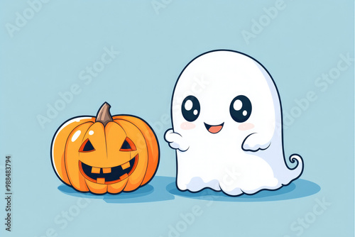 Cute characters ghost and pumpkin for Halloween. Funny children's positive ghost. Humorous kind kid illustration for the holiday Halloween