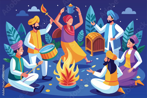 People are joyfully dancing and playing music around a bonfire during the vibrant Lohri festival celebration.