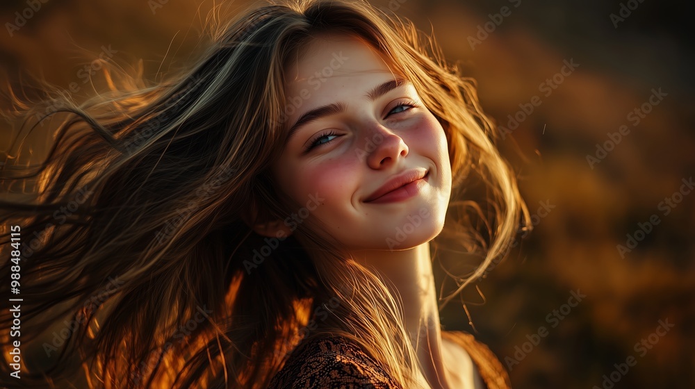 Young woman enjoying the sunset, with golden light illuminating her hair and a joyful smile on her face in a serene outdoor setting Young woman enjoying the sunset, with golden light illuminating her hair and a joyful smile on her face in a serene outdoor setting