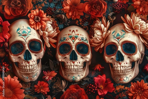 Three sugar skulls adorned with colorful flowers in their hair photo