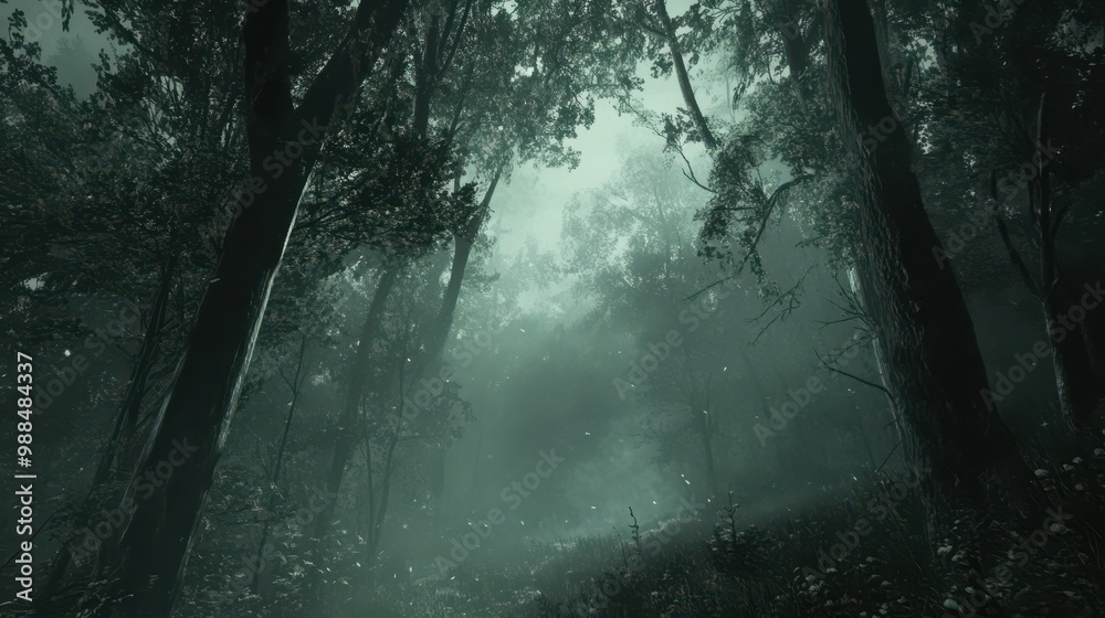 Mystical Forest with Tall Trees and Dense Fog Creating an Enchanting and Mysterious Atmosphere Mystical Forest with Tall Trees and Dense Fog Creating an Enchanting and Mysterious Atmosphere