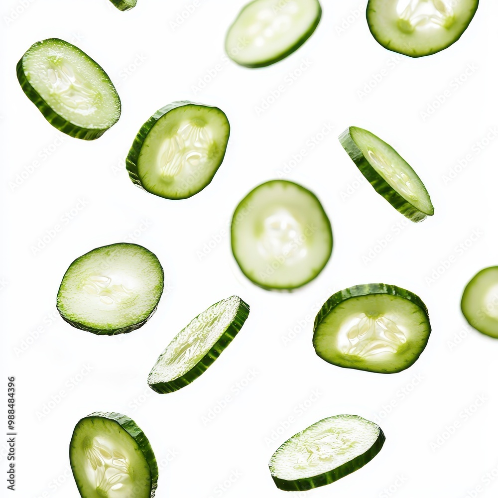 Fresh cucumber slices falling midair against a white background. Healthy food concept for salads and culinary visuals. Fresh cucumber slices falling midair against a white background. Healthy food concept for salads and culinary visuals.